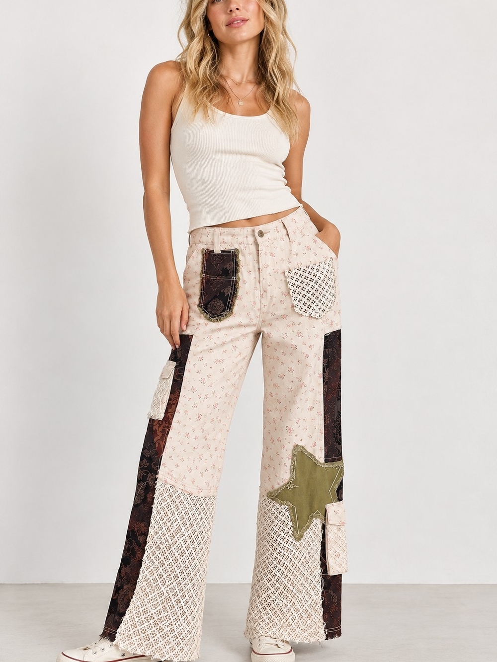 POL Patchwork Floral Crochet Wide Leg Cargo Pants Boho Size Medium